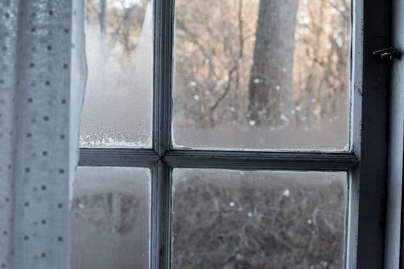 A white sash window with condensation covering the glass and small mold growths on the wood