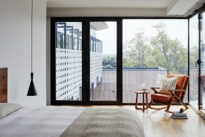 an apartment room with a sliding door
