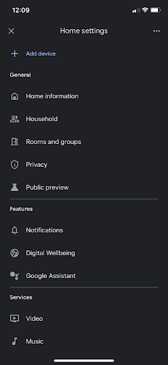 Screenshot of settings menu of Google Home app