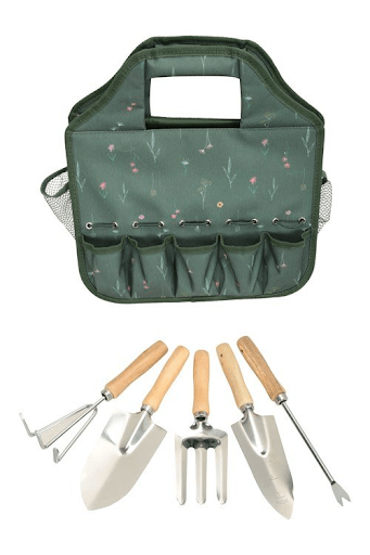 a green floral-designed tool set bag