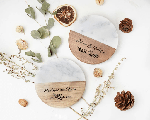 two personalized coasters made from cork