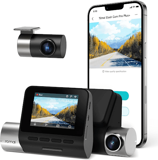 70mai Dash Cam Pro Plus+, including the front and rear facing devices, screen, and a smartphone running the 70mai app