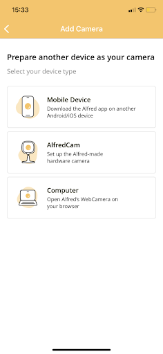 The fifth step of AlfredCamera APP onboarding process, selecting a device to be used as a camera