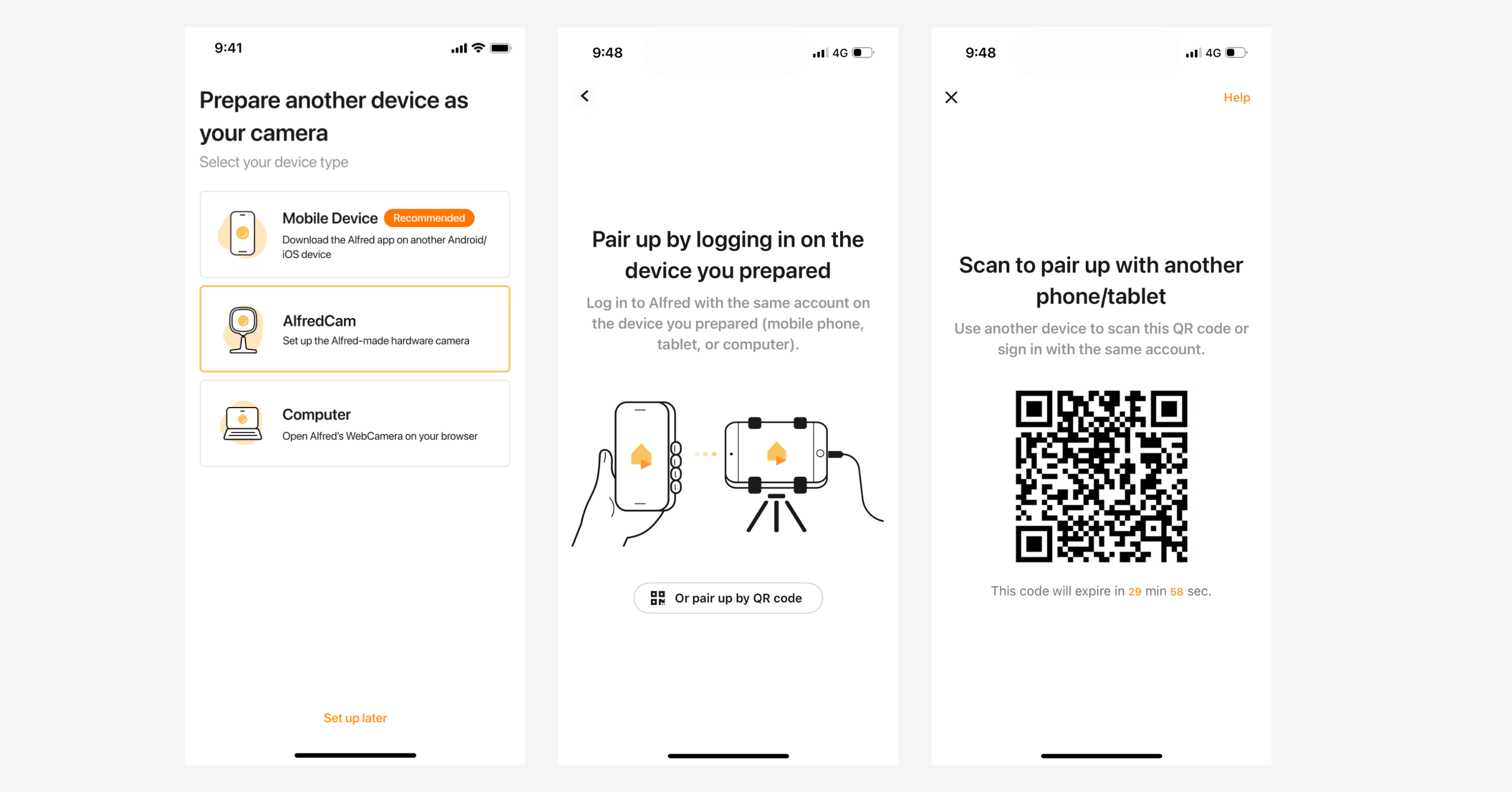 setting up camera with QR code on alfredcamera app