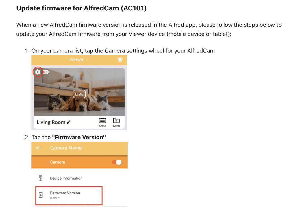 AlfredCam firmware update support page screenshot