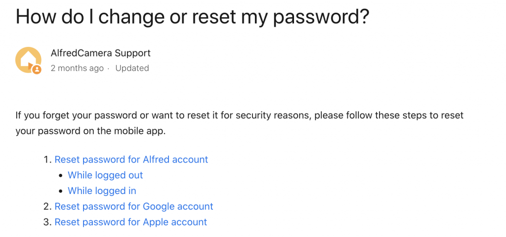 AlfredCamera password reset support page screenshot