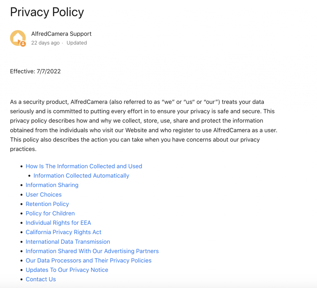 AlfredCamera privacy policy page screenshot