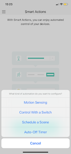 Kasa Spot Pan Tilt app screenshot - setting your smart actions