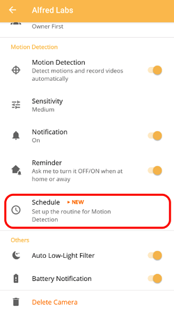 AlfredCamera app Motion Detection Schedule setting