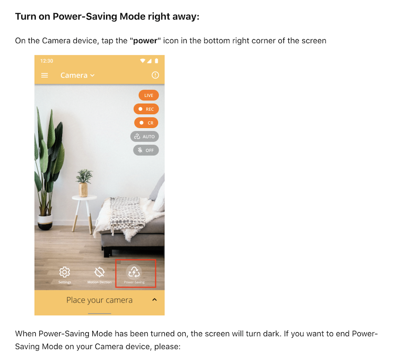AlfredCamera's Power-Saving help center page screenshot