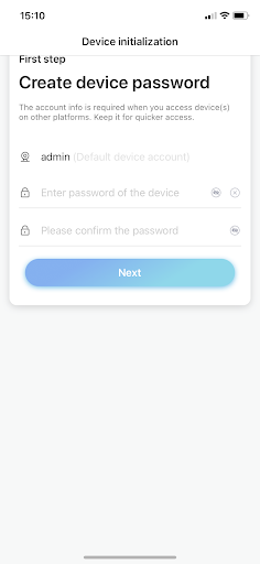 Reolink app screenshot showing a create a password menu