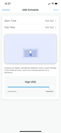 Scheduling motion detection sensitivity in the Reolink app.