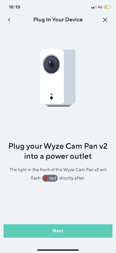 Wyze app onboarding instruction screen - prompt to plug in the device