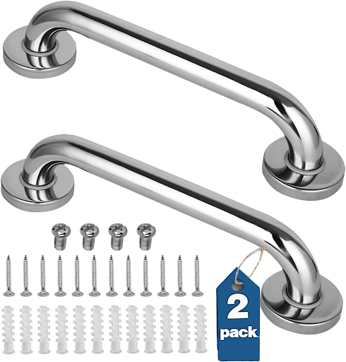 A 2 pack 12 inch shower grab bar from Gotega that requires being screwed into the surface.