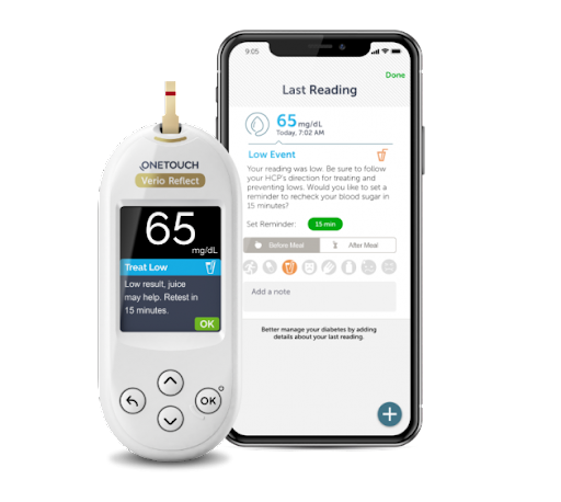 The OneTouch Verio Reflect meter, a glucose meter (and lancet) that interfaces with the OneTouch Reveal app.