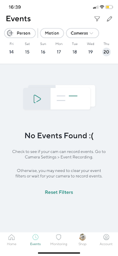 wyze app events screen - events are displayed in a calendar