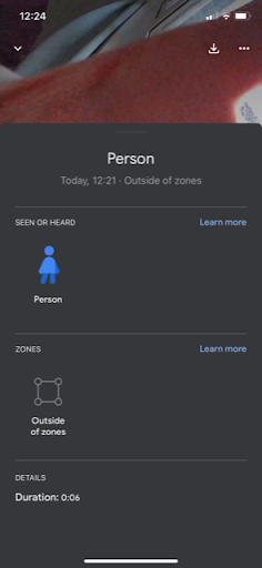 Google Home app - Screenshot showing motion detection information