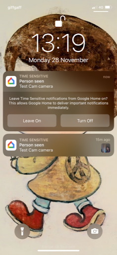 Google Home app - Screenshot showing motion detection notifications