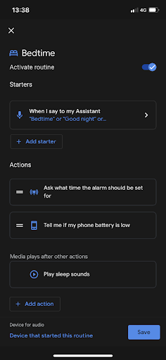 Google Home app - screenshot of bedtime setup