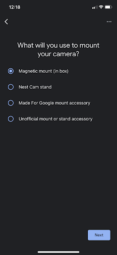 Google Home app - screenshot of camera mounting setup