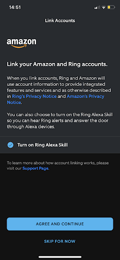 Ring app screenshot showing Link amazon account setup.