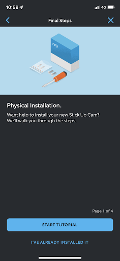 Ring app screenshot showing device setup (physical installation).