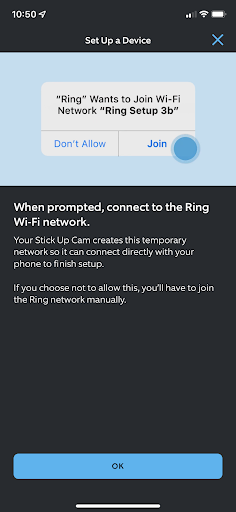 Ring app screenshot showing device setup (wifi).
