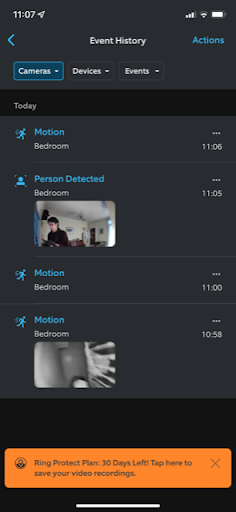 Ring app screenshot showing motion detection events.