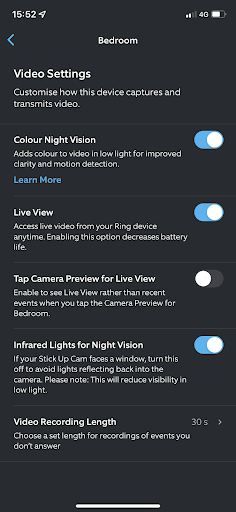 Ring app screenshot showing video settings