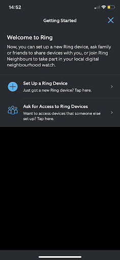 Ring app screenshot - welcome page.