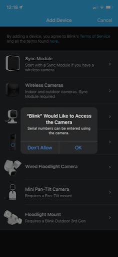 Blink App screenshot - add device