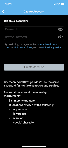 Blink App screenshot - create account password