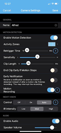Blink App screenshot - motion detection settings