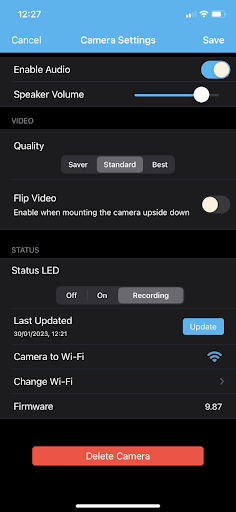 Blink app screenshot - camera settings