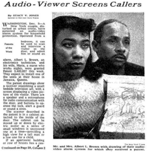 A New York Times article from 1969 showcasing the security system. Pictured are Marie van Brittan Brown and her husband, Albert.