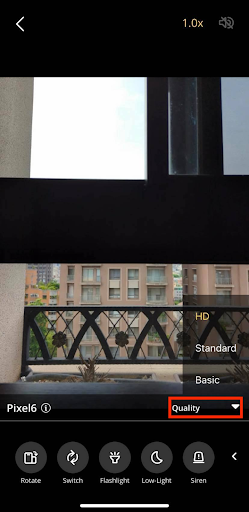 In the AlfredCamera app, you can easily change the quality settings by tapping ‘Quality’ in the bottom right corner of the live feed.