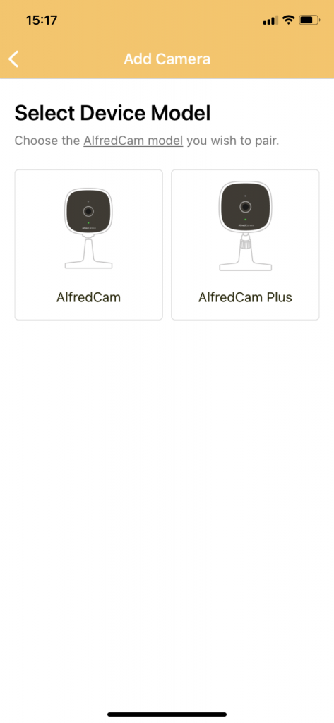 AlfredCamera app screen (select a camera model)