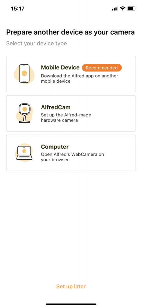 AlfredCamera app screen (select a device)