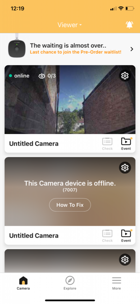 AlfredCamera app screen (camera feeds)