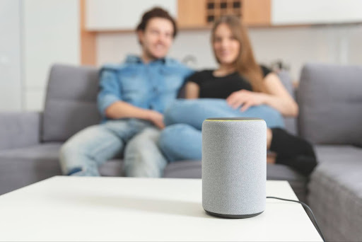 A couple sitting on a sofa with a voice command IoT device.