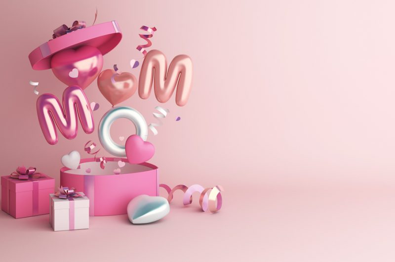 Happy,Mothers,Day,Decoration,Background,With,Gift,Box,,Balloon,,Mom Happy mothers day decoration background with gift box, balloon, mom text, copy space text, 3D rendering illustration